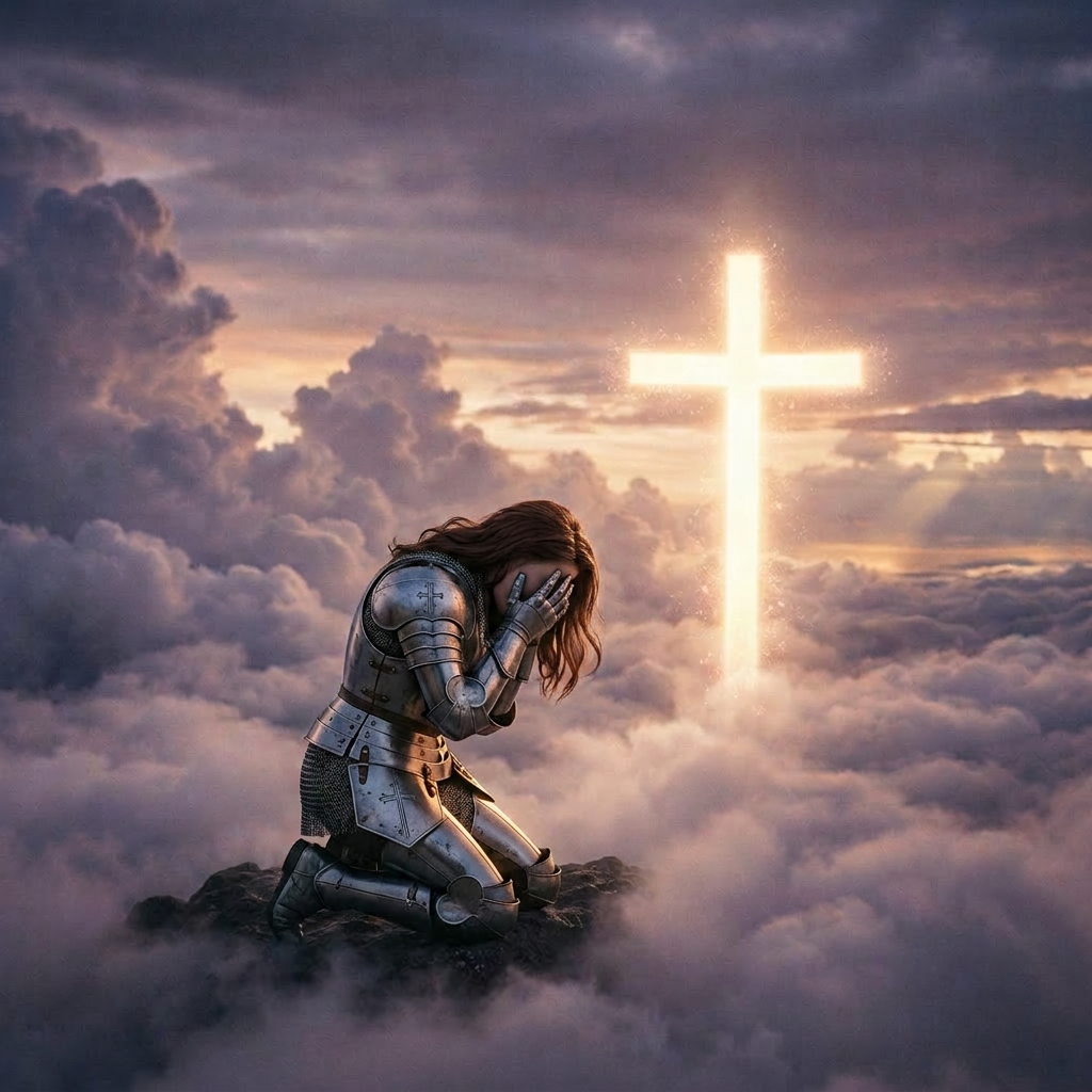 Woman kneeling and praying near a glowing cross amidst clouds